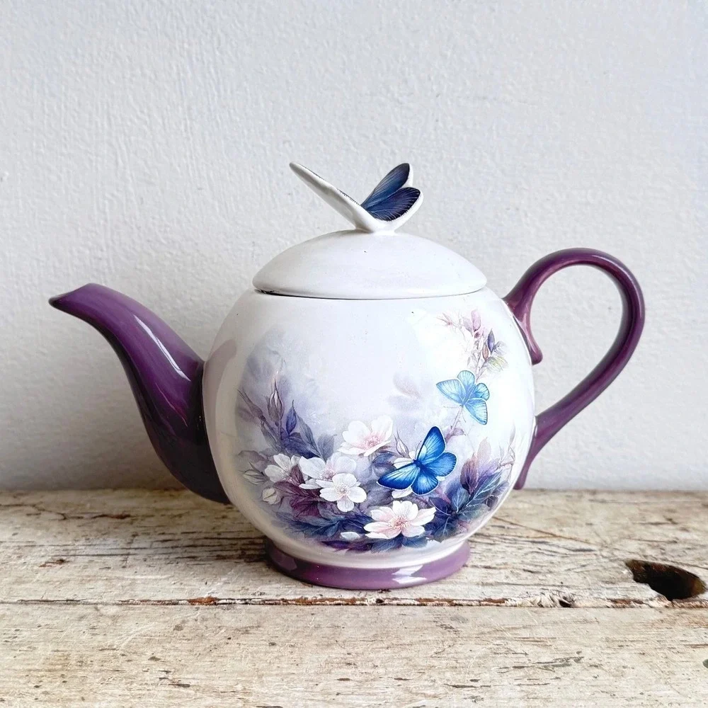 Vintage Lena Liu Teleflora Blossoms & Butterflies Purple Floral Teapot CSGC